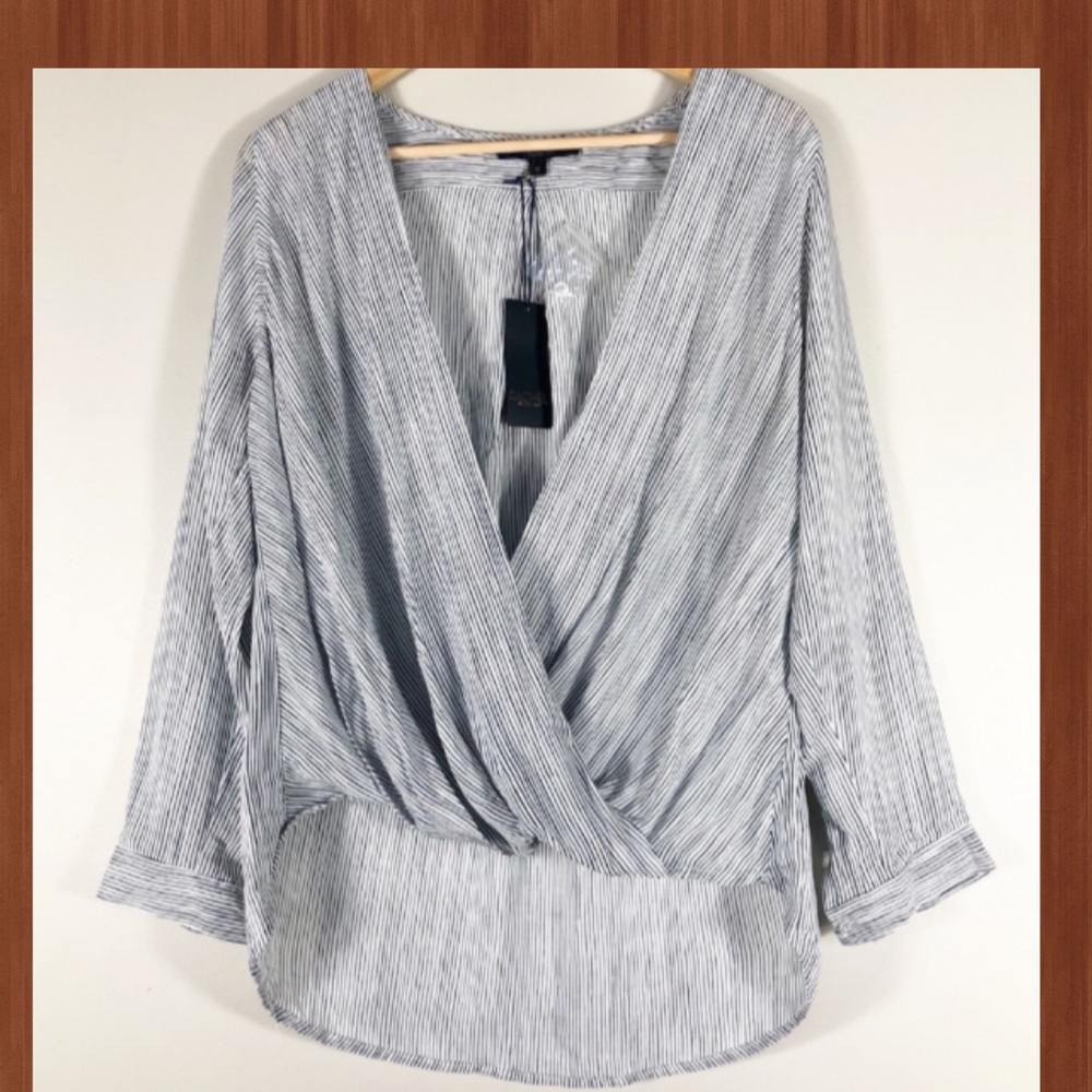 NWT, Rachel by Rachel Roy L, striped faux wrap long sleeve shirt. Blue/white